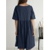 Solid Button Ruched Half Sleeve Casual Cotton Midi Dress