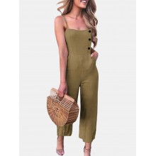 Solid Color Button Pocket Zipper Strap Sleeveless Loose Casual Jumpsuit