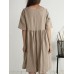 Solid Button Ruched Half Sleeve Casual Cotton Midi Dress