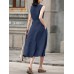 Solid Sleeveless Pocket Crew Neck Casual Dress