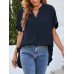 Solid Split Roll Sleeve High  Low Hem Casual Blouse