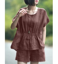 Leisure Solid Pocket Ruched High  Low Hem Elastic Waist Cotton Suit