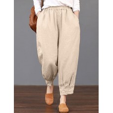 Solid Elastic Waist Pocket Pants For Women