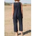 Solid Button V Neck Sleeveless Casual Cotton Jumpsuit