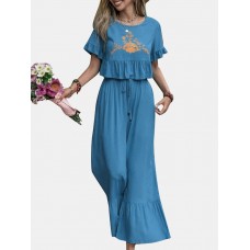 Embroidery Drawstring Waist Ruffle Wide Leg Two Pieces Suit