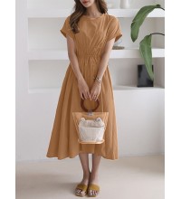 Solid Drawstring Short Sleeve Round Neck Casual Midi Dress