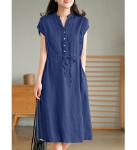 Solid Pocket Drawstring Waist Button V  neck Short Sleeve Dress