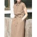 Solid Button Pocket Sash Lapel Casual Cotton Midi Dress