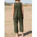 Solid Button V Neck Sleeveless Casual Cotton Jumpsuit