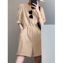 Solid Button Pocket Elastic Waist Lapel Short Sleeve Casual Romper