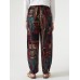 Vintage Print Dual Pocket Elastic Waist Pants For Women