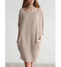 Solid Color 3 4 Sleeve O  neck Pocket Cotton Dress